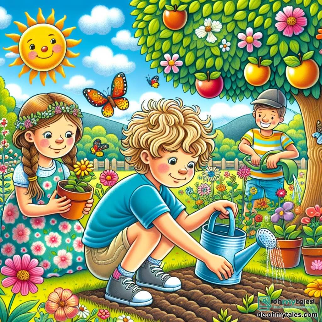 Illustration eines sonnigen Gartens, gefüllt mit bunten Blumen und einem großen Obstbaum. In der Mitte hockt ein 11-jähriger Junge mit lockigem, blondem Haar, der ein blaues T-Shirt und beigen Shorts trägt, mit schmutzigen Händen, während er Samen in einen kleinen Topf pflanzt. Neben ihm steht ein etwa 10-jähriges Mädchen mit geflochtenem, braunem Haar und einem Blumenkleid, das neugierig zuschaut und eine bunte Plastikgießkanne hält. Im Hintergrund gießt ein lächelnder Erwachsener mit einer Mütze und einem gestreiften T-Shirt die Pflanzen in einem anderen Topf. Die Sonne scheint am hellblauen Himmel, und Schmetterlinge fliegen um die Blumen und verleihen dieser sommerlichen Szene einen Hauch von Magie.