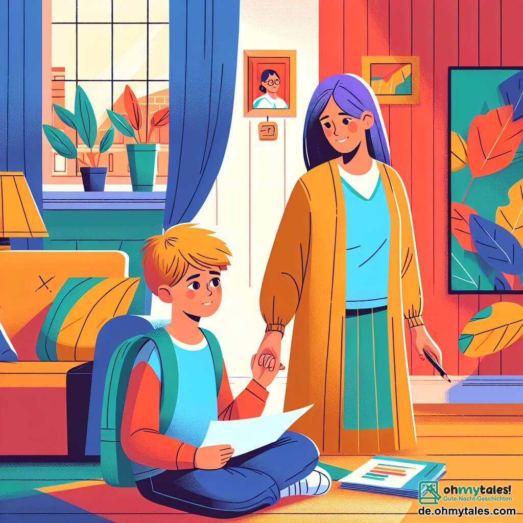 Une illustration destinée aux enfants représentant un garçon se retrouvant au milieu d'une séparation de ses parents, accompagné d'une mère aimante et attentionnée, dans une maison chaleureuse avec des murs colorés et des meubles confortables.