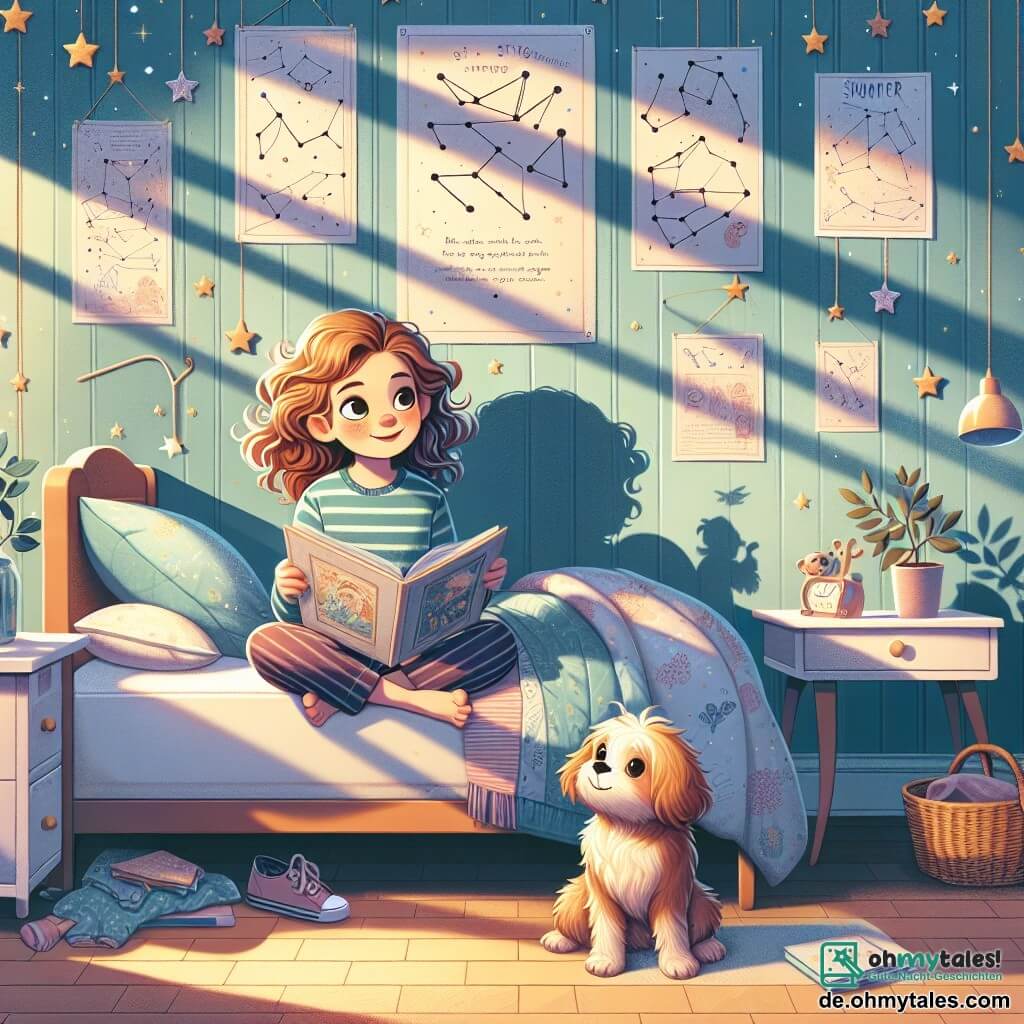 Illustration eines gemütlichen Kinderzimmers mit pastellblauen Wänden und aufgehängten Poster von Sternbildern. Das gedämpfte Licht einer Nachttischlampe wirft sanfte Schatten auf den Holzboden. In der Mitte der Szene sitzt ein 11-jähriges Mädchen mit lockigem, kastanienbraunem Haar im Schneidersitz auf ihrem Bett. Sie trägt einen gestreiften Schlafanzug und hält ein illustriertes Buch auf ihren Knien, ihr Gesicht strahlt vor neugierigem Lächeln. Neben ihr schaut ein kleiner Hund mit goldenem Fell und funkelnden Augen aufmerksam auf das Buch, als würde er einer Geschichte lauschen. Die Hauptsituation zeigt das Mädchen, das sich Abenteuer mit ihrem Schatten, den sie Sophie genannt hat, vorstellt, während freundliche Schatten an den Wänden tanzen und eine magische, beruhigende Atmosphäre schaffen. Papiersterne hängen von der Decke und verleihen der Szene einen traumhaften Touch.