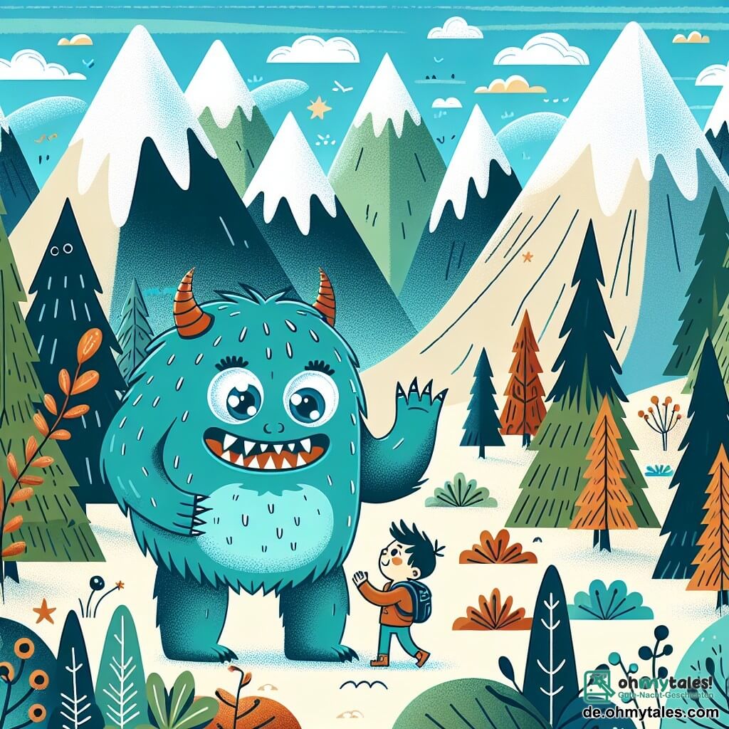 Une illustration destinée aux enfants représentant un petit monstre garçon aux yeux pétillants et aux dents pointues, faisant la rencontre d'un grand monstre gentil aux multiples bras et jambes, dans une vallée entourée de hautes montagnes aux sommets enneigés et des arbres aux feuilles multicolores.