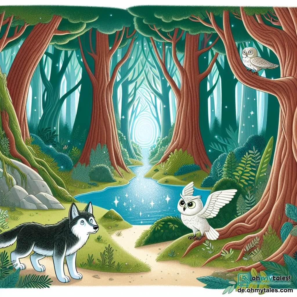 Une illustration destinée aux enfants représentant un jeune loup solitaire découvrant un mystérieux sentier menant à un lac scintillant, accompagné d'une sage chouette blanche, dans le cœur d'une forêt dense et ancienne aux arbres majestueux et feuillages touffus.