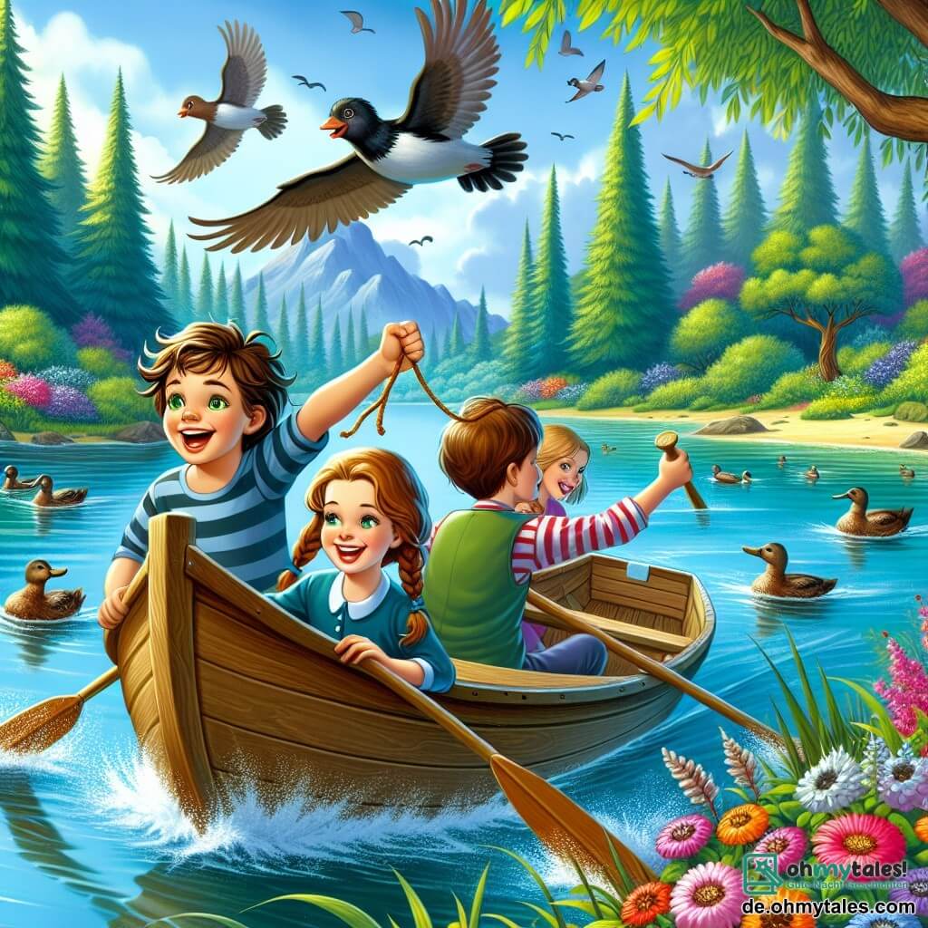 Illustration eines wunderschönen, im Sommerlicht schimmernden Sees, umgeben von hohen, grünen Bäumen und bunten Blumen, die im leichten Wind tanzen. Im Vordergrund sitzt ein 11-jähriger Junge mit zerzausten braunen Haaren und strahlend grünen Augen in einem selbstgebauten kleinen Boot, lacht und paddelt begeistert. Neben ihm hält ein 10-jähriges Mädchen mit geflochtenen blonden Haaren und Sonnenbrille auf der Nase ein Seil, um das Boot zu stabilisieren, ihr Gesicht erhellt von einem breiten Lächeln. Ein weiterer 11-jähriger Junge mit kastanienbraunen Haaren und gestreiftem T-Shirt steht hinten im Boot, die Arme siegesbewusst in die Luft gehoben, bereit das Steuer zu übernehmen. Die Szene strahlt Freude und Abenteuer aus, mit Vögeln, die am blauen Himmel fliegen, und Kinderlachen, das in der Luft widerhallt. Enten schwimmen friedlich in der Nähe und verleihen diesem magischen Moment Leben.