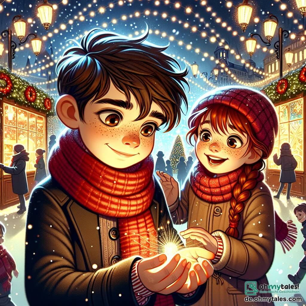 Une illustration sous forme de dessin destinée aux enfants représentant une scène magique d'un marché de Noël illuminé, avec un garçon de 11 ans aux cheveux bruns et aux yeux pétillants, vêtu d'une écharpe rouge, tenant une petite lumière brillante dans sa main, tandis qu'à ses côtés se trouve une fille aux cheveux roux en tresses, souriante, qui l'encourage à suivre le chemin des lumières scintillantes, alors qu'ils s'apprêtent à découvrir le secret du Noël enchanté, entourés de décorations festives, de flocons de neige tombants et de rires d'enfants jouant autour d'eux.
