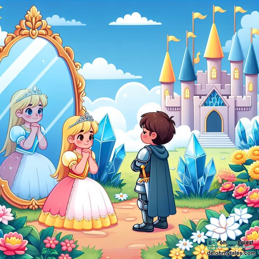 Une illustration destinée aux enfants représentant une princesse rêveuse, un vaillant chevalier, dans un royaume enchanté aux tours de cristal et aux jardins fleuris.