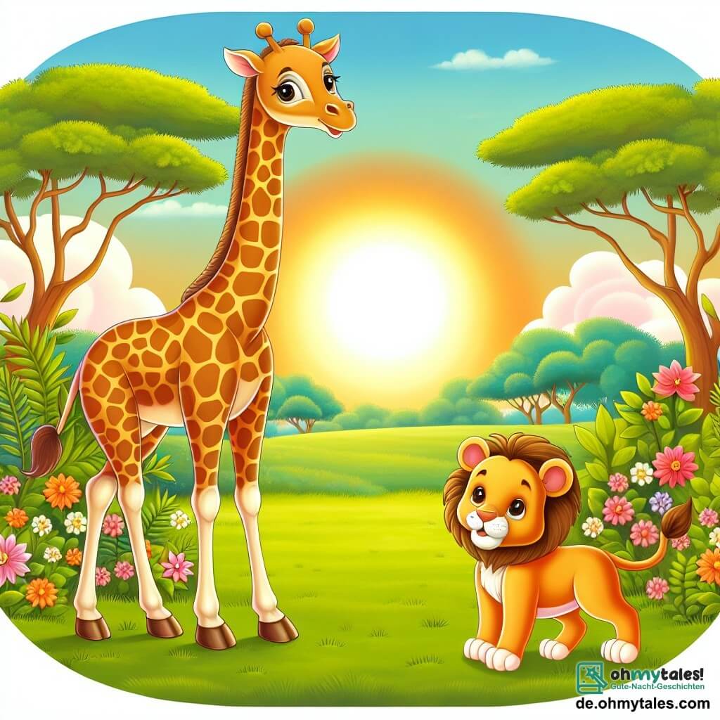 Une illustration destinée aux enfants représentant une élégante girafe (fille) se tenant fièrement au milieu d'une savane luxuriante, accompagnée d'un petit lionceau (garçon) perdu, dans un décor baigné de soleil et de couleurs vives.