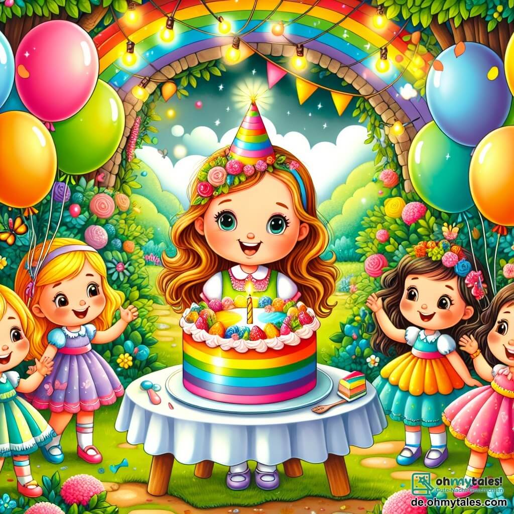Une illustration destinée aux enfants représentant une fillette au regard pétillant fêtant son anniversaire avec ses amis dans un jardin enchanté rempli de ballons colorés, une grande tarte arc-en-ciel trônant au centre de la table.