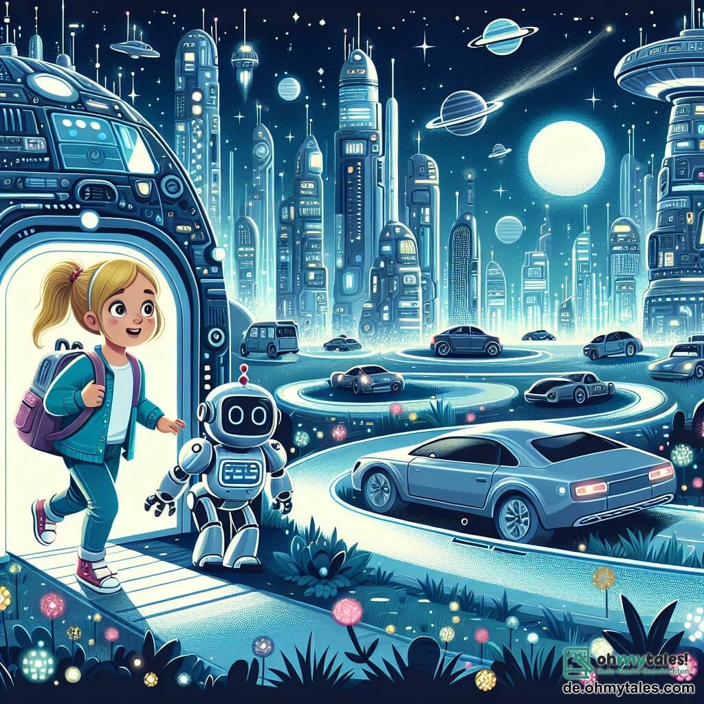 Une illustration destinée aux enfants représentant une jeune fille curieuse explorant un mystérieux bâtiment abandonné en compagnie d'un robot amical, au cœur d'une ville futuriste remplie de flottantes voitures et de bâtiments high-tech scintillants.