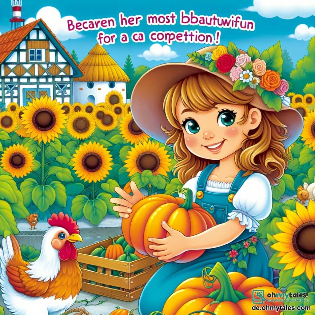Une illustration destinée aux enfants représentant une courageuse jeune femme agricultrice, accompagnée d'un joyeux poulet, préparant sa plus belle citrouille pour un concours, sur son magnifique et coloré Sonnenblumenhof.
