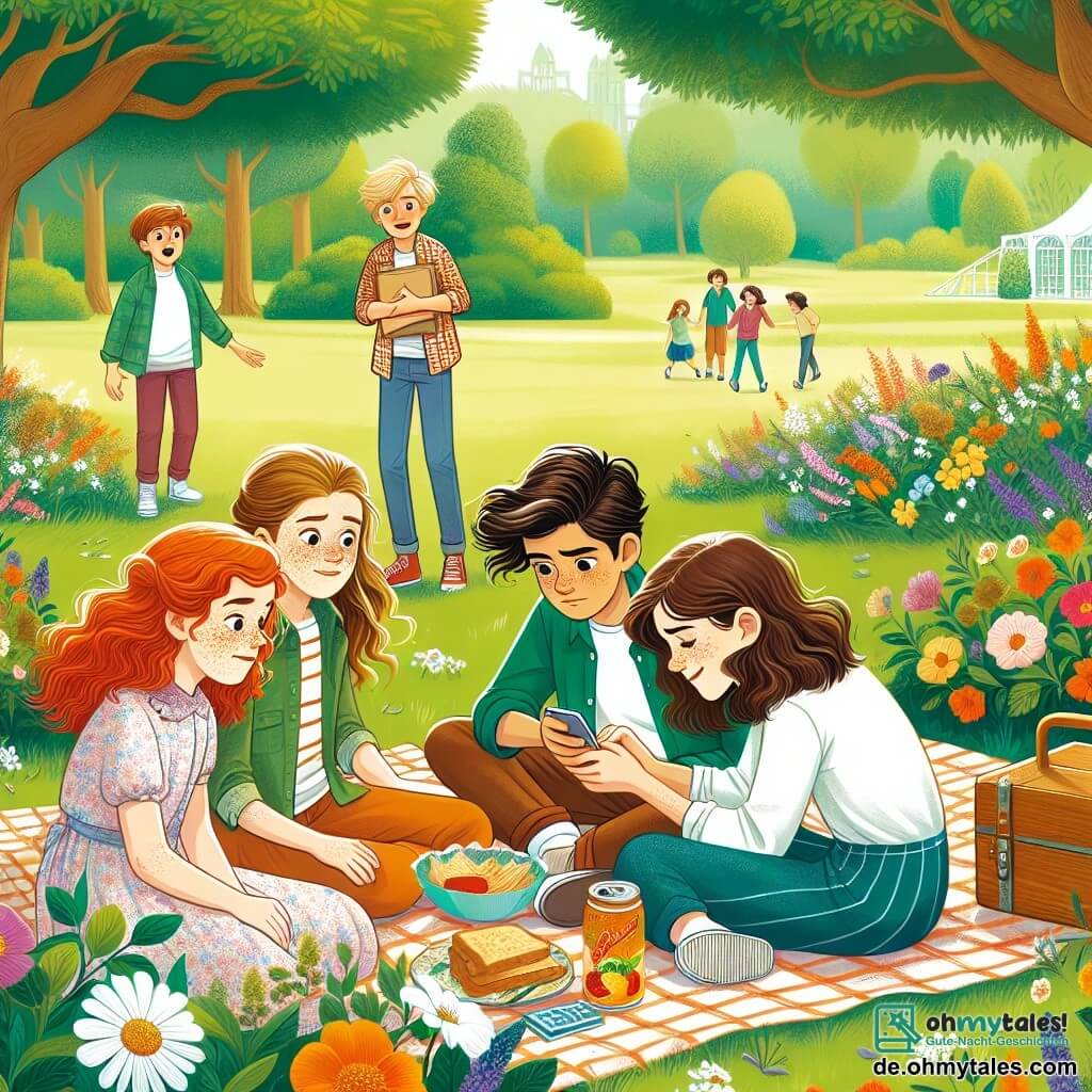 Illustration eines sonnigen Parks mit grünen Bäumen und bunten Blumen, die im Wind tanzen. Im Zentrum des Bildes sind vier Mädchen von etwa 10 Jahren um eine große Picknickdecke versammelt. Eines von ihnen, mit roten Haaren und Sommersprossen, schaut besorgt auf ihr Telefon. Neben ihr reicht ein lächelndes Mädchen mit langen glatten braunen Haaren tröstend die Hand. Ein weiteres Mädchen mit kurzen lockigen Haaren spielt Gitarre, während das vierte Mädchen mit blonden, zu einem Pferdeschwanz gebundenen Haaren eine Snackbox hält. Im Hintergrund beobachtet ein etwa 10-jähriger Junge mit braunen Haaren und einem verlegenen Gesichtsausdruck aus der Ferne, da er realisiert, dass er eines der Mädchen verletzt hat. Die Atmosphäre ist sowohl fröhlich als auch ernst und zeigt die Unterstützung unter Freundinnen in schwierigen Zeiten und die Bedeutung von Solidarität.