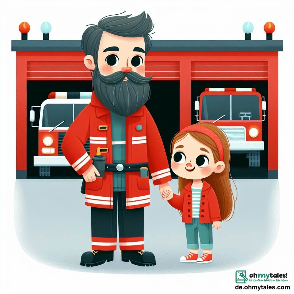 Une illustration destinée aux enfants représentant un courageux pompier barbu en uniforme rouge, accompagné de sa fille aux yeux pétillants, explorant la grande caserne de pompiers rouge vif avec un camion de pompier prêt à partir en intervention.