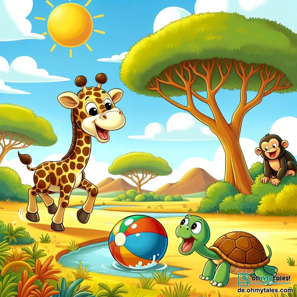 Une illustration sous forme de dessin destinée aux enfants représentant une savanne ensoleillée avec des arbres majestueux, au premier plan une girafe au long cou, aux taches brunes et dorées, qui rit joyeusement en essayant d'attraper un gros ballon coloré qui roule vers un petit ruisseau, tandis qu'un singe espiègle aux poils marron et une tortue au carapace verte l'observent avec des expressions amusées, le tout dans une ambiance ludique et amicale, illustrant un moment de jeu et d'aventure entre amis.