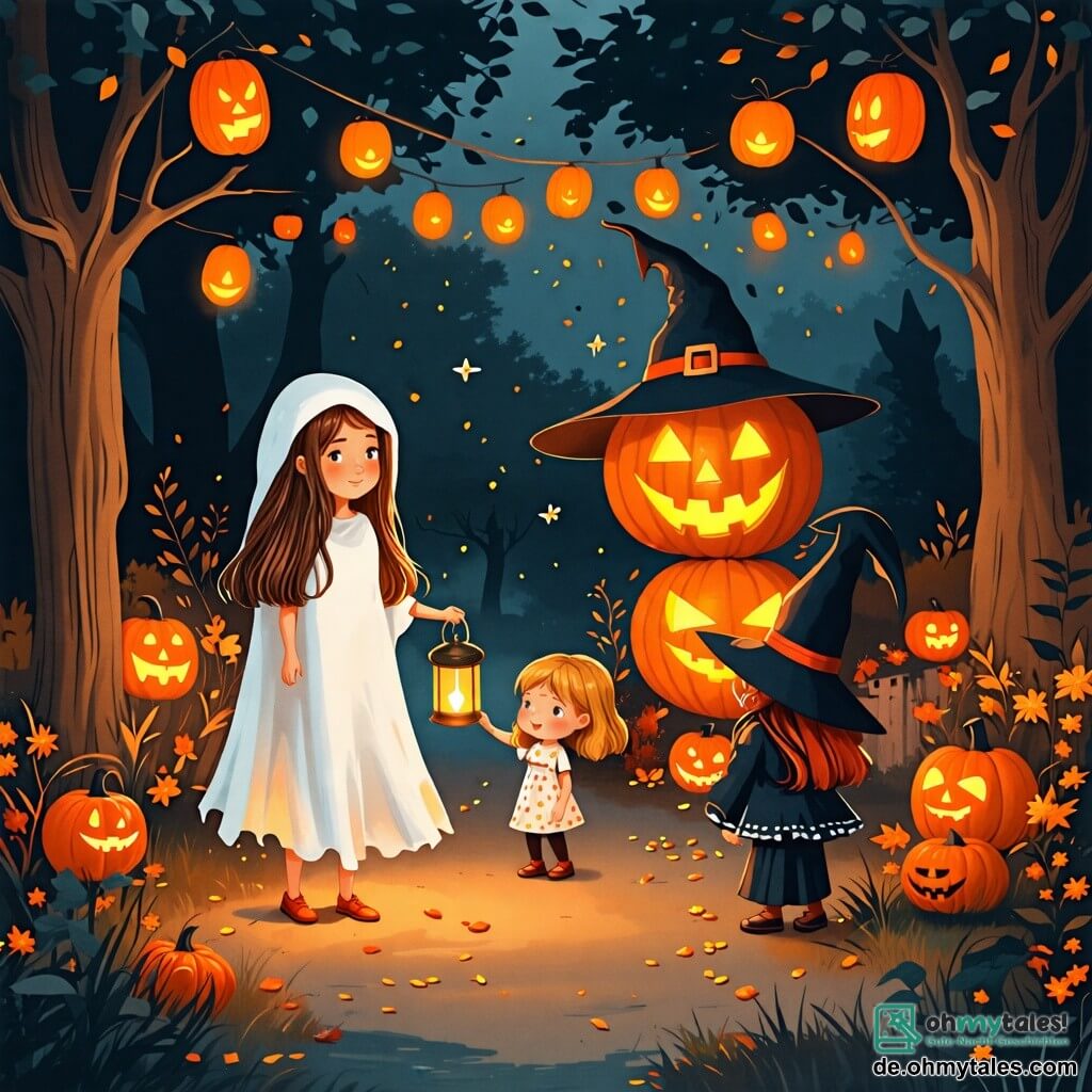 Une illustration sous forme de dessin destinée aux enfants représentant un parc sombre et mystérieux décoré de lanternes d'Halloween scintillantes, où une fille de 8 ans, avec de longs cheveux bruns et un costume de fantôme fait d'un drap blanc avec des trous pour les yeux, se tient au centre en tenant une petite lanterne orange, tandis que deux de ses amies, une fille aux cheveux blonds en costume de sorcière avec un chapeau pointu et une autre fille aux cheveux roux déguisée en vampire avec des fausses dents, l'observent avec des sourires émerveillés, tous trois partageant des bonbons tout en écoutant le doux murmure d'un grand potiron lumineux qui semble leur souhaiter un joyeux Halloween.