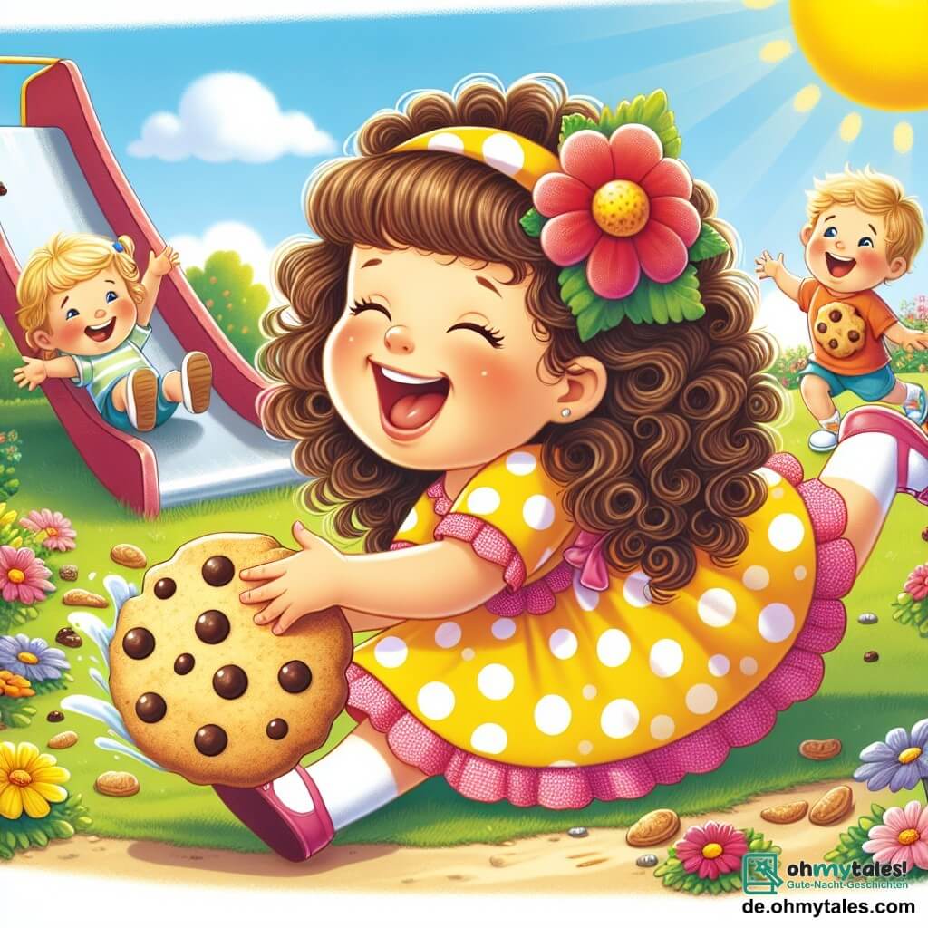 Une illustration sous forme de dessin destinée aux enfants représentant un joyeux parc ensoleillé avec des fleurs colorées et un grand toboggan, où une petite fille de 4 ans aux cheveux bruns et bouclés, portant une robe jaune à pois et un chapeau orné d'une grande fleur rouge, rit en essayant d'attraper un énorme biscuit qui roule sur le sol, tandis que deux jumeaux, une fille aux cheveux blonds et bouclés en robe rose et un garçon aux cheveux châtains en t-shirt à motif de biscuit, l'encouragent en riant et en gesticulant, créant une scène pleine de camaraderie et de joie.