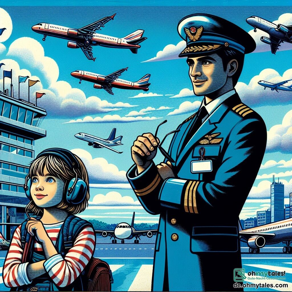 Une illustration destinée aux enfants représentant une jeune fille passionnée par le vol, accompagnée d'un pilote expérimenté, dans un aéroport animé avec des avions colorés décollant et atterrissant sous un ciel bleu parsemé de nuages moelleux.