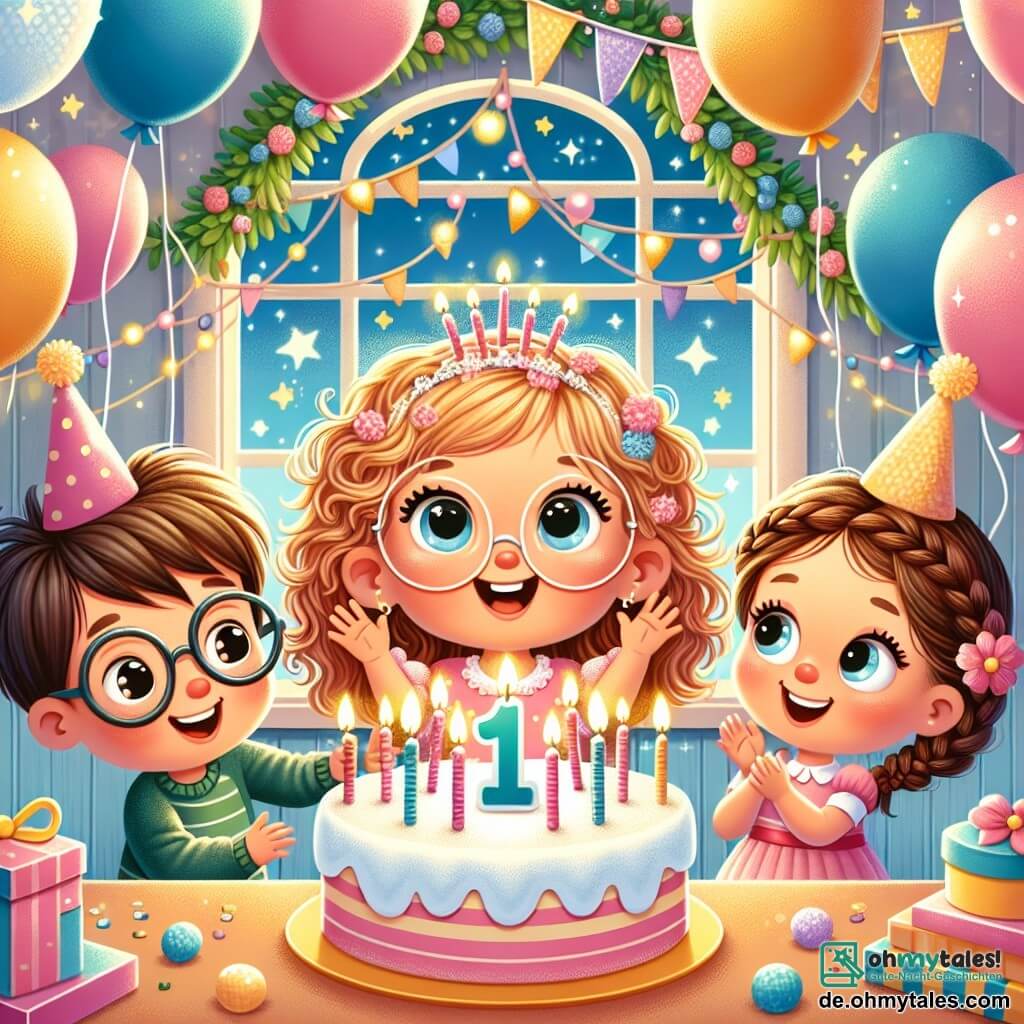 Une illustration sous forme de dessin destinée aux enfants représentant une salle de classe colorée et festive, décorée de ballons et de guirlandes, avec une petite fille de 1 an aux cheveux bouclés et aux yeux pétillants, souriante et entourée de ses amis, un garçon aux lunettes et une fille aux cheveux tressés, tous deux en train de danser joyeusement autour d'un grand gâteau d'anniversaire avec des bougies allumées, capturant l'esprit de la fête et la magie de l'amitié.