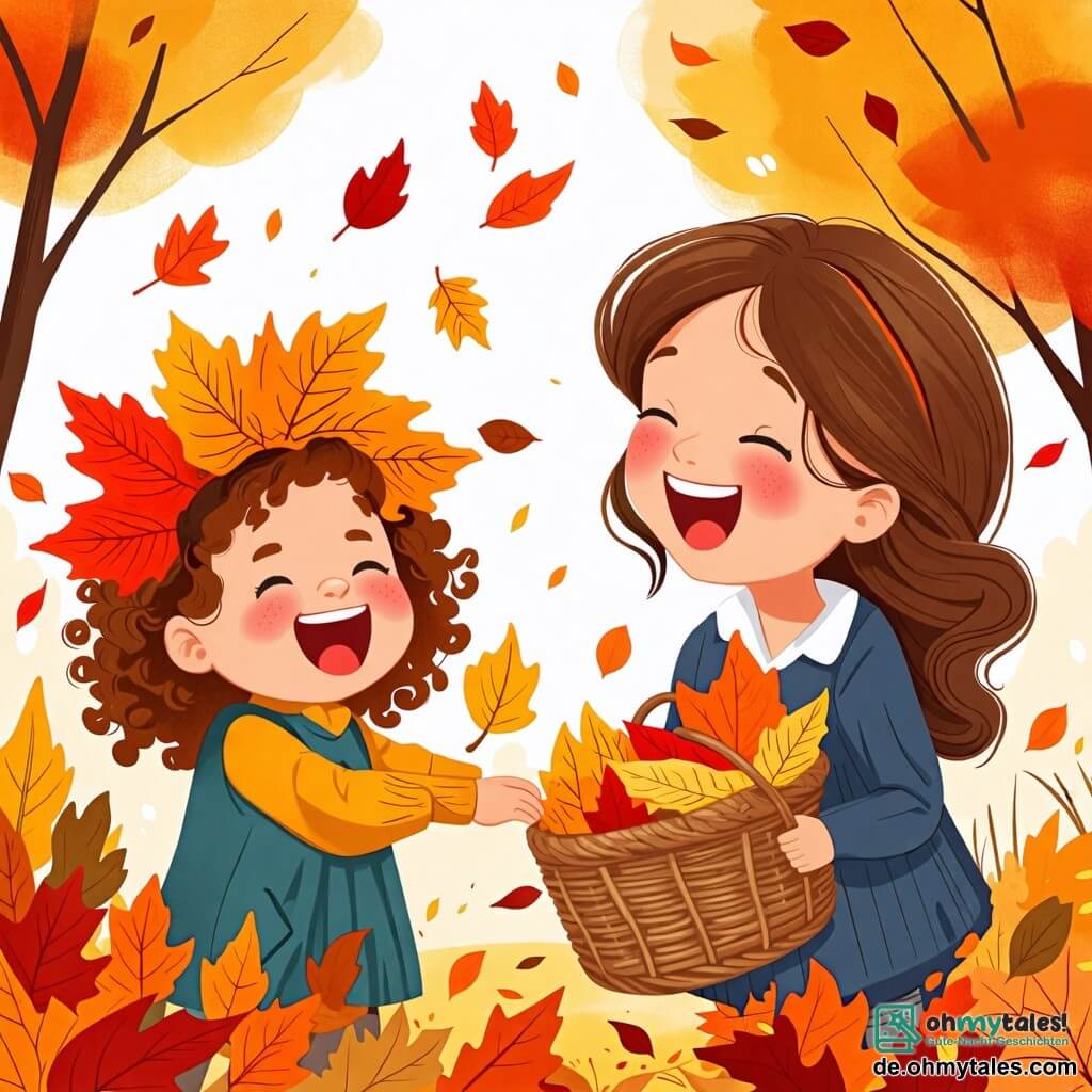 Une illustration sous forme de dessin destinée aux enfants représentant un parc d'automne aux feuilles rouges, jaunes et oranges tombant des arbres, avec une petite fille de 2 ans aux cheveux bouclés et aux joues roses, riant joyeusement alors qu'elle porte un grand feuillage sur la tête comme un chapeau, tandis que sa maman, une femme souriante aux cheveux châtains, l'observe en tenant un panier rempli de feuilles colorées, capturant l'instant où elles s'apprêtent à créer un magnifique collage d'automne.