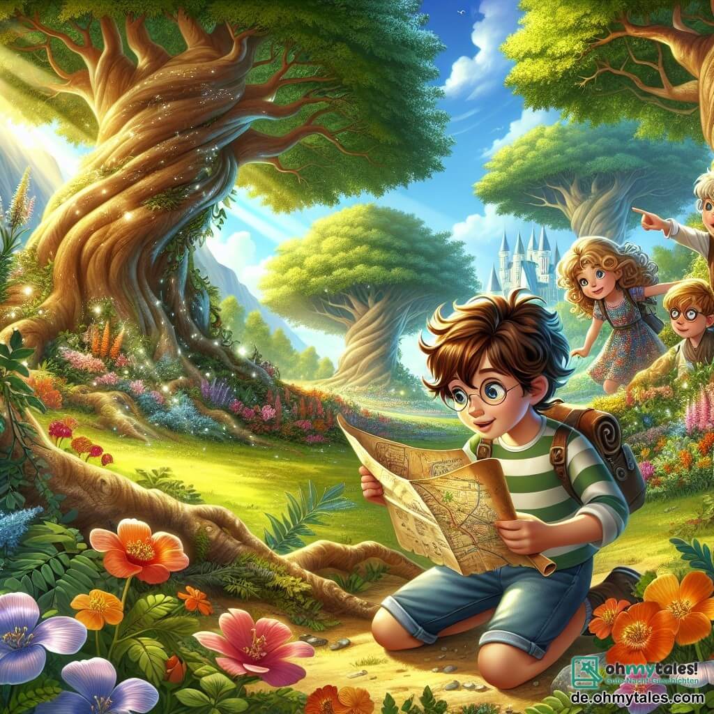 Eine Illustration zeigt eine magische Szene in einem sonnigen Park mit majestätischen Bäumen und leuchtend grünen Blättern sowie bunten Blumen, die im Wind tanzen. Im Mittelpunkt hockt ein 9-jähriger Junge mit zerzausten kastanienbraunen Haaren und neugierigen Augen auf dem Boden und hält eine alte Karte in den Händen. Er trägt ein gestreiftes T-Shirt und eine Jeansshorts, und sein Gesicht strahlt die Aufregung eines neuen Abenteuers aus. Neben ihm stehen zwei Freunde: ein 9-jähriges Mädchen mit langen, lockigen Haaren in einem Blumenkleid, das die Karte mit einem begeisterten Lächeln betrachtet, und ein 10-jähriger Junge mit blonden Haaren und Brille, der konzentriert auf einen Punkt auf der Karte zeigt. Die Hauptsituation zeigt die drei Freunde bei ihrer Erkundung, umgeben von der Schönheit des Parks, bereit, einen versteckten Schatz zu entdecken. Zusätzliche grafische Elemente umfassen einen kleinen glitzernden Teich im Hintergrund, friedlich schwimmende Enten und farbenfrohe Schmetterlinge, die um sie herumfliegen und der Abenteuerlust eine magische Note verleihen.