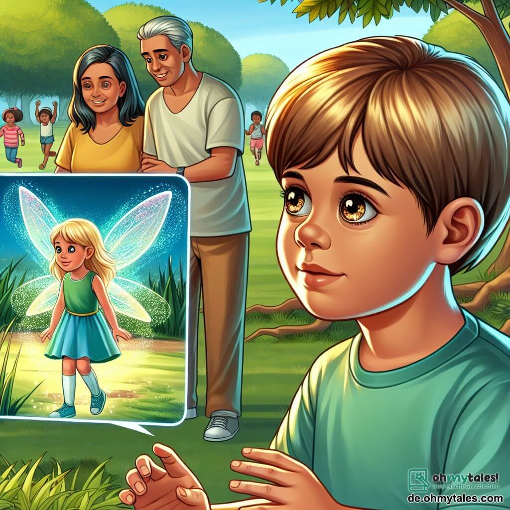Une illustration destinée aux enfants représentant un petit garçon émerveillé par une fée numérique, tandis que ses parents observent avec inquiétude, dans un parc ensoleillé avec des arbres verdoyants et des enfants joyeux qui jouent au loin.