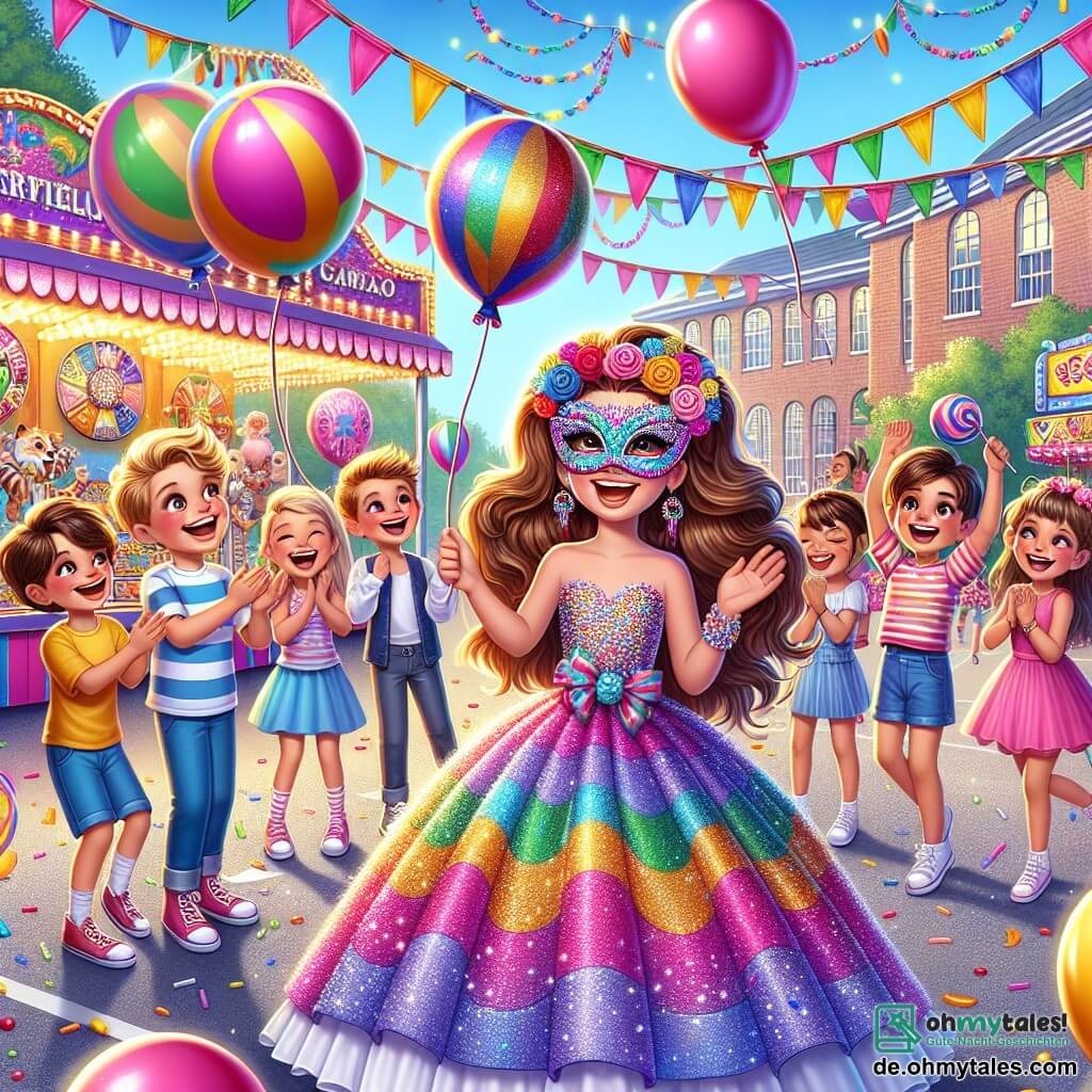 Eine Illustration zeigt eine lebhafte Szene eines Schulfestes. Der Ort ist ein weitläufiger Schulhof, geschmückt mit bunten Girlanden und schwebenden Ballons, wo die Kinder unter einem klaren blauen Himmel lachen und Spaß haben. Im Mittelpunkt steht ein 11-jähriges Mädchen mit langen, welligen braunen Haaren, das ein wunderschönes, farbenfrohes Kleid und eine funkelnde Maske trägt, die strahlend leuchtet. Sie steht mit einem breiten Lächeln da und wirft einen Ball zu einer Gruppe von Freunden. Unter ihnen applaudiert ein 10-jähriger Junge mit zerzausten blonden Haaren und einem gestreiften T-Shirt begeistert, während ein anderes 11-jähriges Mädchen mit kastanienbraunen Haaren und einem Blumenkranz gerade einen riesigen Lutscher genießt. Die Szene ist voller lebendiger Farben, Lachen und der spürbaren Aufregung des Karnevals, mit Spielständen und Leckereien im Hintergrund, die eine festliche und fröhliche Atmosphäre schaffen.