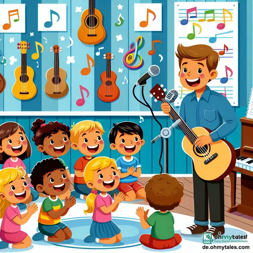 Une illustration destinée aux enfants représentant un homme musicien chantant joyeusement pour un groupe d'enfants curieux et enthousiastes dans une salle de musique colorée, avec des instruments de toutes sortes accrochés aux murs et des notes de musique dansant dans l'air.