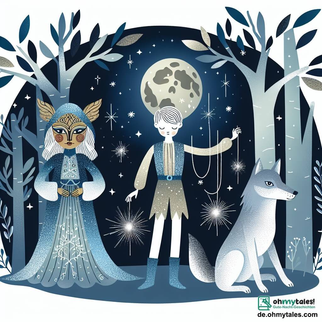 Une illustration destinée aux enfants représentant une marionnette métallique étincelante, une fée bienveillante vêtue d'une robe de lumière lunaire, un loup gris au regard triste, dans un mystérieux et magique bois aux arbres qui chuchotent des secrets.