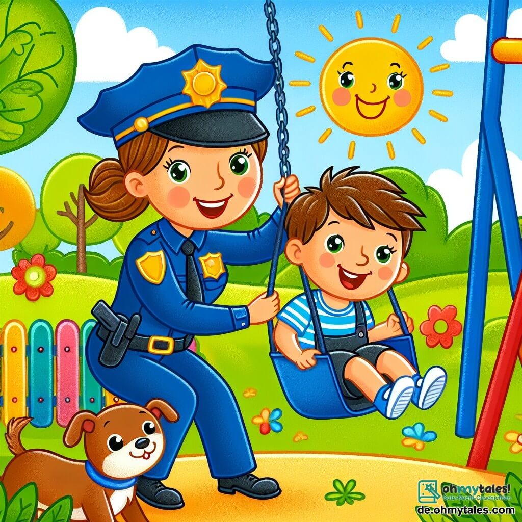 Une illustration sous forme de dessin destinée aux enfants représentant un parc ensoleillé avec des arbres verdoyants et une aire de jeux colorée, où une femme policière souriante, portant un uniforme bleu et un grand chapeau, pousse joyeusement un garçon aux cheveux bruns et aux yeux pétillants sur une balançoire, tandis qu'un petit chien aux poils dorés les observe avec curiosité, illustrant ainsi l'amitié et l'importance d'aider les autres dans la communauté.