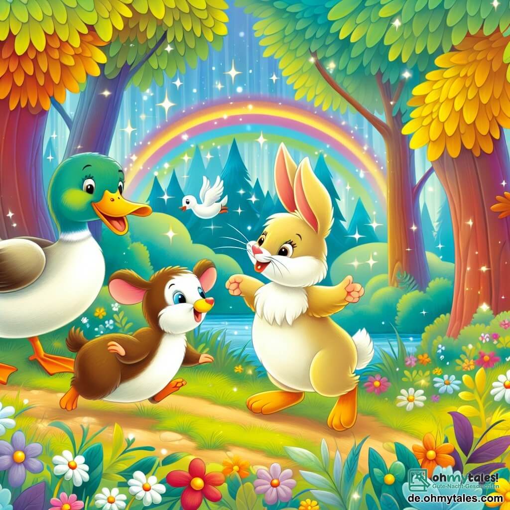 Une illustration destinée aux enfants représentant un canard malicieux, un lapin espiègle, et une souris curieuse se promenant joyeusement dans une forêt enchantée aux arbres aux couleurs vives et aux fleurs scintillantes.