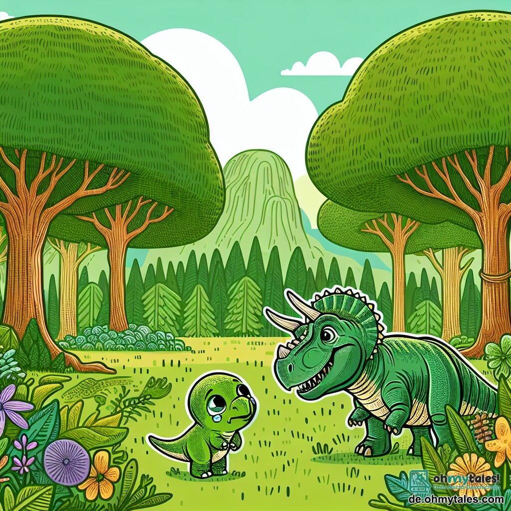 Une illustration sous forme de dessin destinée aux enfants représentant un vaste et verdoyant paysage forestier, avec de grands arbres aux feuilles luxuriantes et des fleurs colorées, où un imposant Tyrannosaure Rex au sourire amical et aux yeux pétillants de gentillesse se penche pour réconforter un petit dinosaure aux écailles vertes et aux grands yeux larmoyants, tandis qu'une Triceratops aux cornes délicates et au regard encourageant se tient à ses côtés, tous trois unis dans un moment de solidarité pour retrouver la maman du petit dinosaure perdu.