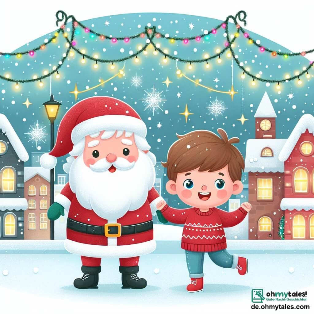 Une illustration destinée aux enfants représentant un petit garçon joyeux, accompagné du Père Noël, dans une ville enneigée et décorée de guirlandes scintillantes.
