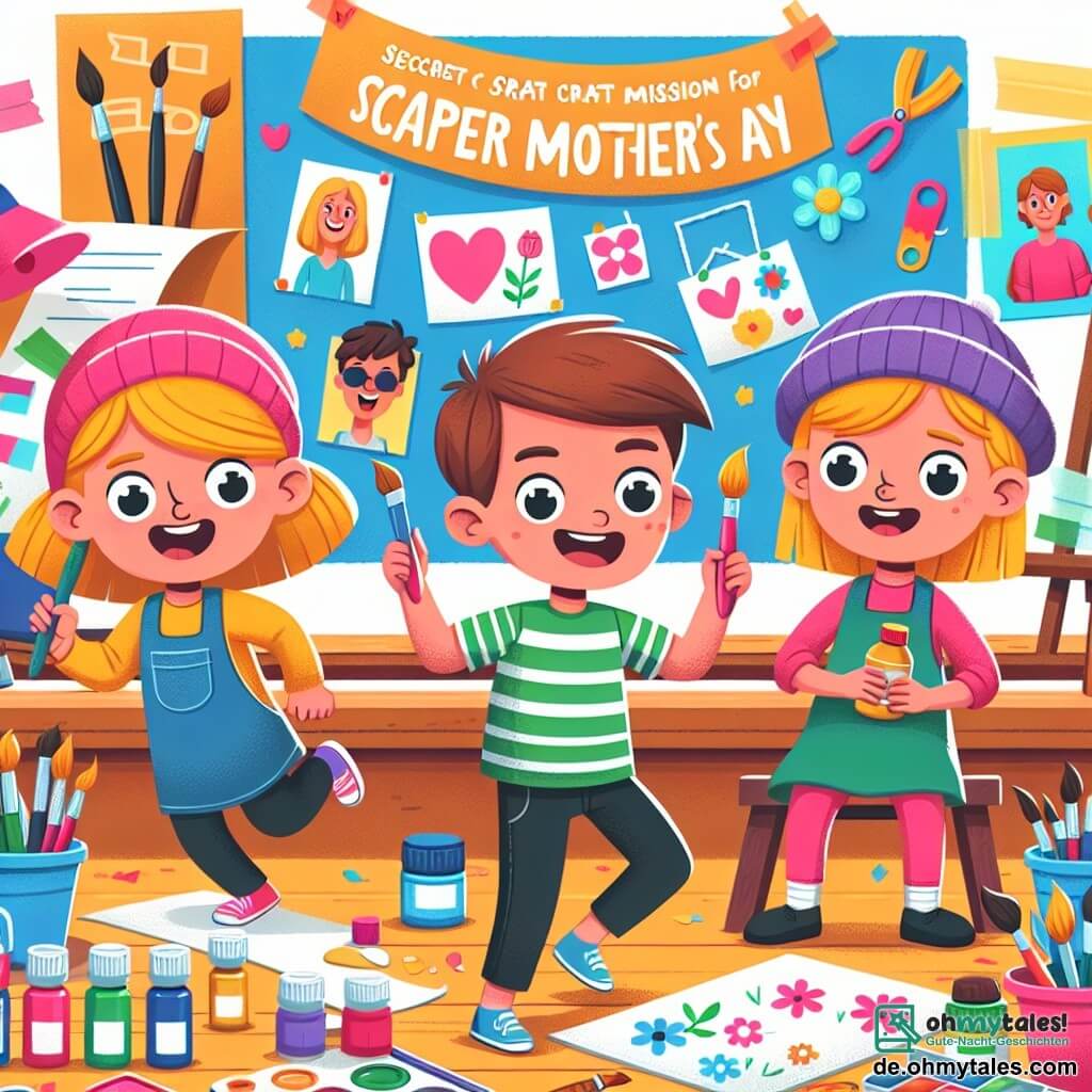 Une illustration destinée aux enfants représentant un garçon plein d'enthousiasme et d'aventure, accompagné de ses amis Emma (fille) et Ben (garçon), réalisant une mission de bricolage secrète pour la fête des mères dans un atelier lumineux et coloré rempli de pinceaux, peintures et papier créatif.