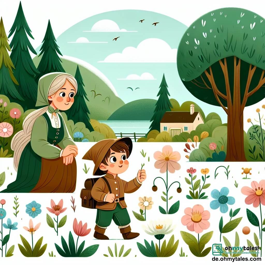 Une illustration destinée aux enfants représentant un petit garçon curieux et aventurier, accompagné de sa mère bienveillante, explorant un magnifique jardin fleuri et un bois enchanté, où la nature respire la magie et la gratitude.