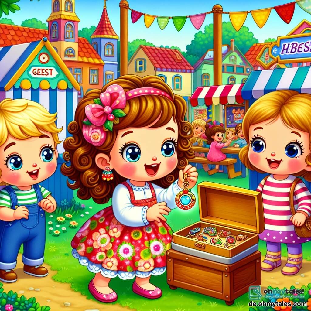 Une illustration sous forme de dessin destinée aux enfants représentant un joyeux festival en plein air dans un petit village coloré, avec des stands de jeux et de nourriture, où une petite fille de 4 ans aux cheveux bouclés et aux yeux pétillants, portant une robe à fleurs, examine avec curiosité un brillant pendentif trouvé dans une vieille boîte, tandis qu'à ses côtés, deux amis, un garçon aux cheveux blonds et une fille aux cheveux châtains, l'observent avec des expressions d'excitation et d'intrigue, tous trois se préparant à résoudre le mystère du pendentif perdu.