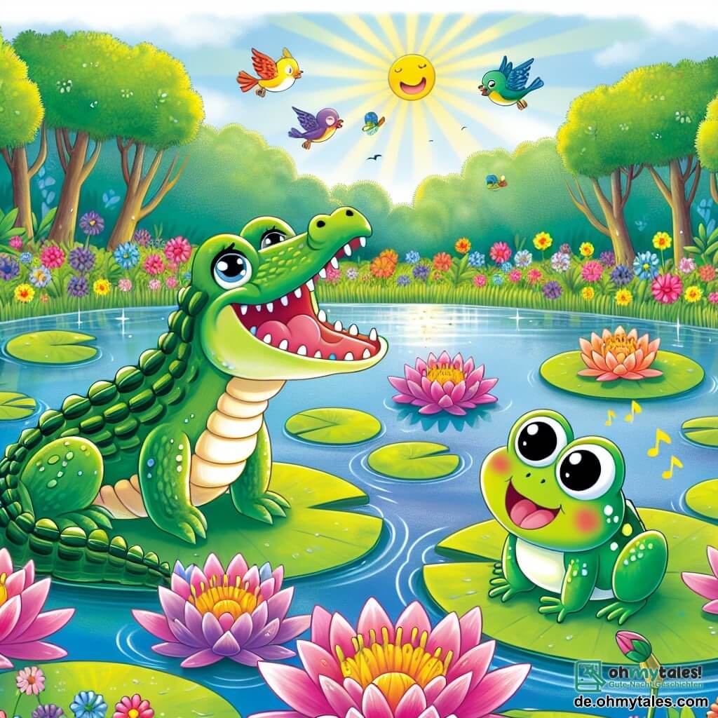 Une illustration sous forme de dessin destinée aux enfants représentant un magnifique et verdoyant marais, avec des nénuphars colorés flottant sur l'eau, où un crocodile aux écailles vertes brillantes et aux yeux pétillants chante joyeusement, entouré d'un petit grenouille aux yeux ronds et brillants, qui, avec un air hésitant mais déterminé, s'apprête à chanter pour la première fois devant un public d'animaux curieux, tandis que des oiseaux colorés volent au-dessus et que des rayons de soleil percent à travers les feuillages.
