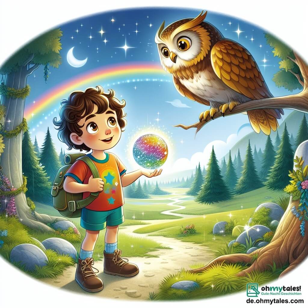 Une illustration sous forme de dessin destinée aux enfants représentant une vaste clairière enchantée dans un forêt magique, où un petit garçon de 5 ans aux cheveux bruns bouclés et aux yeux pétillants, vêtu d'un t-shirt coloré et d'un short, se tient avec un sourire émerveillé, tenant une magnifique boule scintillante aux couleurs de l'arc-en-ciel, tandis qu'une grande et sage chouette aux plumes dorées, perchée sur une branche d'arbre, l'observe avec bienveillance, symbolisant l'amitié et la magie de l'aventure, alors qu'ils célèbrent la découverte d'un trésor caché qui protégera le bois.