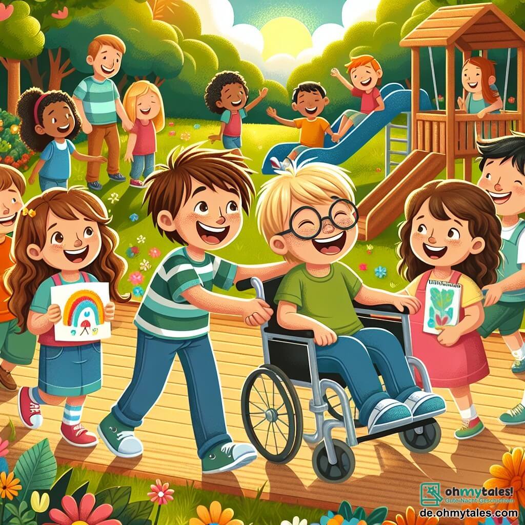 Illustration eines sonnigen Parks, gefüllt mit üppigem Grün und bunten Blumen. In der Mitte spielt eine Gruppe von Kindern fröhlich um einen großen Holzspielplatz mit Schaukeln und einer Rutsche. Unter ihnen schiebt ein 11-jähriger Junge mit zerzausten braunen Haaren und strahlendem Lächeln einen anderen Jungen, der im Rollstuhl sitzt. Letzterer, ebenfalls 11 Jahre alt, hat blonde Haare und trägt eine Brille. Er lacht laut, seine Augen funkeln vor Freude. Ein 10-jähriges Mädchen mit langen, lockigen Haaren kommt mit einer bunten Zeichnung in der Hand näher, bereit, sie ihren Freunden zu zeigen. Die Szene fängt einen Moment der Kameradschaft und Unterstützung ein, in dem alle Kinder gemeinsam Spaß haben, was die Bedeutung von Freundschaft und Inklusion verdeutlicht. Im Hintergrund beobachten lächelnde Eltern, was der fröhlichen Atmosphäre eine warme Note verleiht.