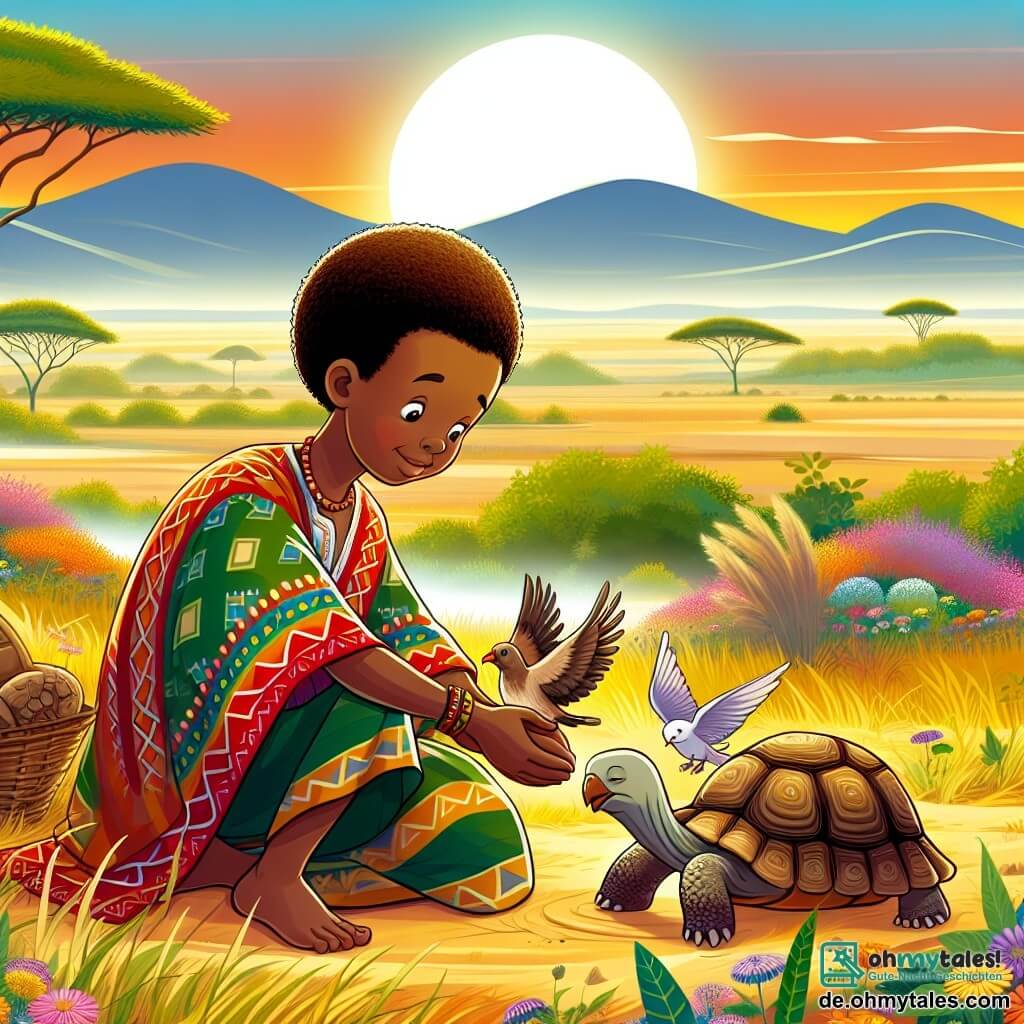 Une illustration sous forme de dessin destinée aux enfants représentant un vaste et coloré paysage de la savane africaine, avec un jeune homme aux cheveux crépus et à la peau foncée, vêtu d'une tunique traditionnelle, s'agenouillant avec un sourire bienveillant pour soigner un petit oiseau blessé, tandis qu'à ses côtés, une vieille tortue sage avec une carapace ornée de motifs colorés l'observe attentivement, le tout baigné par la douce lumière du soleil couchant qui illumine les fleurs sauvages et le doux murmure d'un ruisseau à proximité.