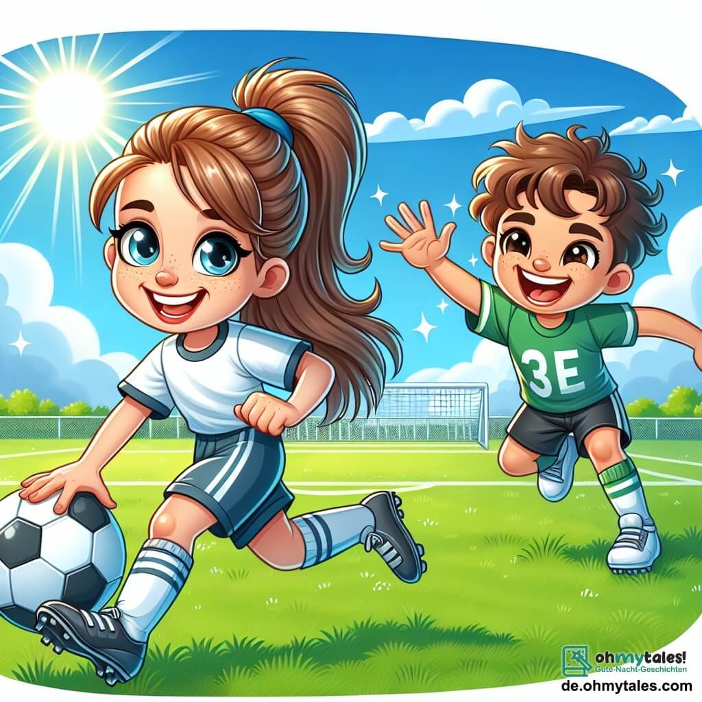 Une illustration sous forme de dessin destinée aux enfants représentant un terrain de football verdoyant sous un ciel bleu ensoleillé, où une jeune femme aux longs cheveux bruns, attachés en un haut ponytail, dribble habilement un ballon de football avec un grand sourire sur le visage, tandis qu'un garçon aux cheveux bouclés et aux yeux pétillants, portant un maillot de foot, l'encourage avec enthousiasme depuis le bord du terrain, créant une atmosphère joyeuse et dynamique qui illustre l'esprit d'équipe et la passion du jeu.