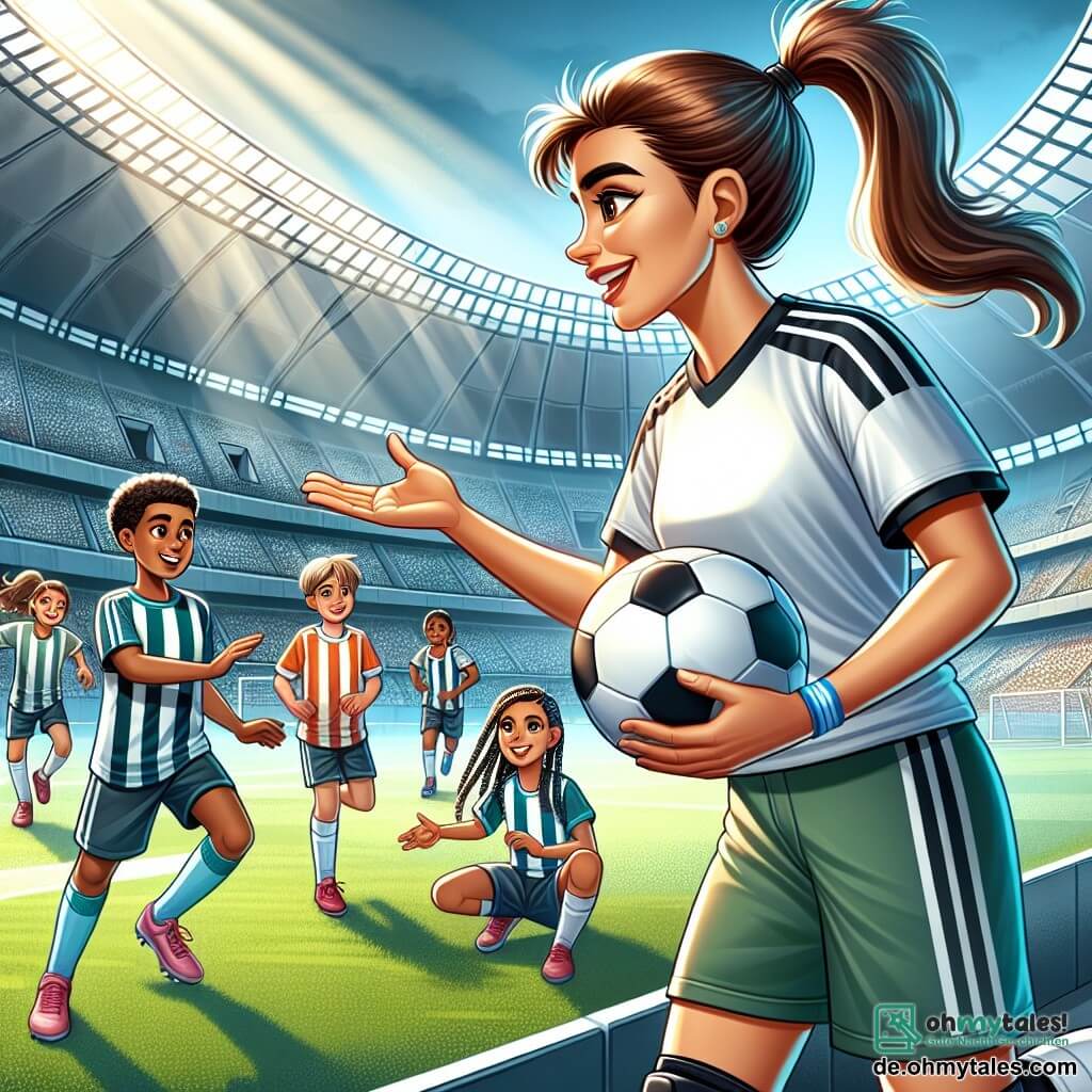 Une illustration sous forme de dessin destinée aux enfants représentant un grand stade de football ensoleillé, avec une femme athlétique aux cheveux bruns attachés en queue de cheval, portant un maillot de football et une bande au genou, montrant des gestes d'encouragement tout en enseignant des techniques de jeu à un groupe de jeunes enfants, dont un garçon aux cheveux blonds qui jongle joyeusement avec un ballon, et une fille avec des tresses qui écoute attentivement, le tout illustrant l'esprit d'équipe et la passion pour le football.