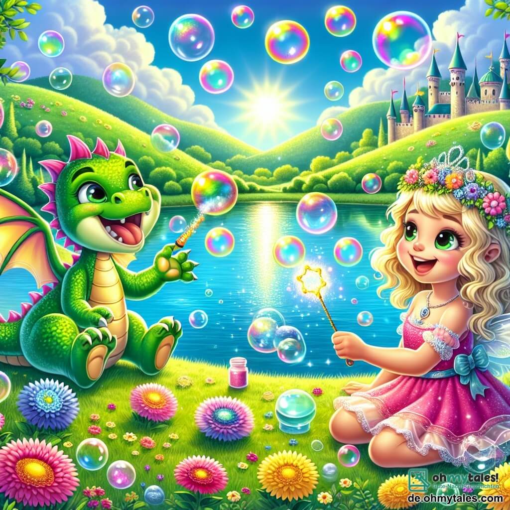 Eine Illustration zeigt einen wunderschönen, funkelnden See im Herzen eines verzauberten Königreichs, umgeben von grünen Hügeln und bunten Blumen. Der Himmel ist strahlend blau, mit fluffigen Wolken, und die Sonne scheint fröhlich und wirft Reflexionen auf das Wasser. Im Vordergrund sitzt eine Prinzessin mit langen, goldenen Haaren in einem glitzernden rosa Kleid, lächelnd auf dem Gras mit gekreuzten Beinen und hält einen Zauberstab, der bunte Seifenblasen in die Luft zaubert. Neben ihr spielt ein kleiner grüner Drache mit großen Ohren und funkelnden Augen, der fröhlich Blasen pusten kann. Die Szene zeigt, wie die Prinzessin und der Drache riesige Blasen kreieren, die um sie herum schweben, einige landen sanft auf dem Kopf des Drachen und bringen ihn zum Lachen. Bunte Blumen und Schmetterlinge umschwirren sie und verleihen diesem fröhlichen Fest eine magische Note.