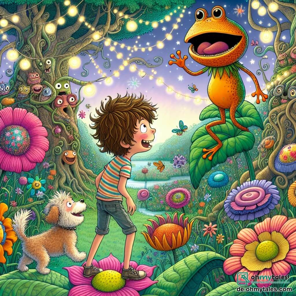 Eine Illustration zeigt einen verzauberten Garten, gefüllt mit bunten, seltsam geformten Blumen und großen, verdrehten Bäumen. Glitzernde Lichter schweben in der Luft und schaffen eine magische, einladende Atmosphäre. Im Mittelpunkt der Szene steht ein 11-jähriger Junge mit zerzausten braunen Haaren und einem schelmischen Lächeln auf einem großen Blütenblatt. Er trägt ein gestreiftes T-Shirt und Shorts und schaut fasziniert einen riesigen, orangefarbenen Frosch an, der spricht und freundliche, runde Augen hat. Der Frosch, ein Nebencharakter, wirkt aufgeregt und gestikuliert mit seinen Pfoten, während ein kleiner, lockiger Hund von etwa 5 Jahren fröhlich um sie herumläuft und bellt. Die Hauptsituation zeigt den Jungen, der aufmerksam dem Frosch zuhört, der ihn um Hilfe bei der Suche nach seiner verlorenen magischen Krone bittet, während Blumen mit lächelnden Gesichtern neugierig zuschauen. Bunte Schmetterlinge fliegen um sie herum und verleihen dieser Szene voller Magie und Abenteuer Bewegung und Leben.
