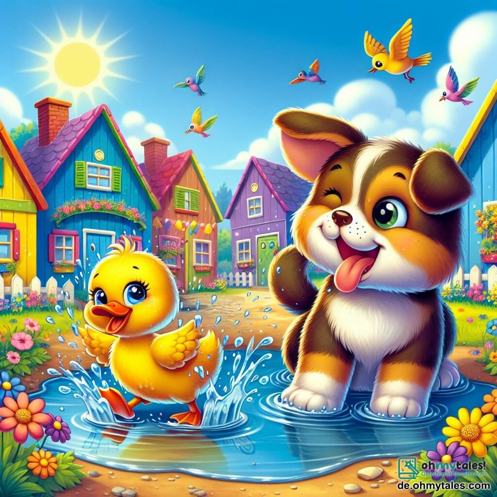 Illustration einer fröhlichen Szene in einem bunten kleinen Dorf mit lebhaften Häuserfassaden und strahlenden Blumen in den Gärten. In der Mitte ein niedlicher, leuchtend gelber Erpel mit einem kleinen orangefarbenen Schnabel, der auf seinen Schwimmfüßen steht und beim Springen in eine große Pfütze Wasser spritzt. Daneben eine Katze mit funkelnden Augen, gestreiftem Fell und aufgerichtetem Schwanz, die gerade in die Pfütze gefallen ist, während Wasser um sie herum spritzt. Ein großer Ohrhund mit braunem Fell und weißen Flecken lacht, während er sich nähert, um der Katze zu helfen, aus dem Wasser zu kommen. Die Atmosphäre ist voller Lachen und Freude, mit glitzernden Wassertropfen in der Sonne. Bunte Vögel fliegen am blauen Himmel und verleihen dieser lustigen und freundlichen Szene Leben.