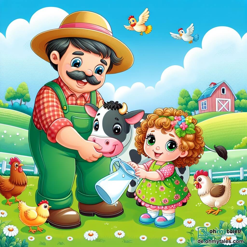 Une illustration sous forme de dessin destinée aux enfants représentant un charmant et coloré ferme en pleine campagne, avec un homme souriant portant une grande salopette verte et un chapeau de paille, qui montre à une petite fille aux cheveux bouclés et aux yeux pétillants comment traire une vache brune au pelage doux, tandis qu'un groupe de poules colorées picore le sol autour d'eux, le ciel bleu parsemé de nuages blancs et des champs verdoyants en arrière-plan, créant une atmosphère joyeuse et accueillante.