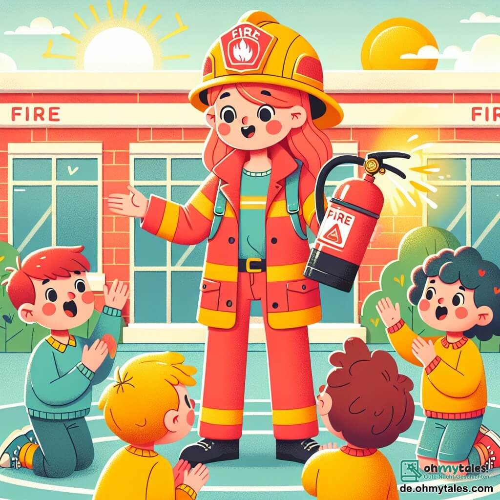 Une illustration sous forme de dessin destinée aux enfants représentant une scène colorée dans une cour d'école ensoleillée, où une femme pompier courageuse, portant une brillante veste rouge et un casque jaune, sourit tout en montrant aux enfants comment utiliser un extincteur, entourée de plusieurs enfants curieux, dont un garçon aux yeux pétillants portant un pull bleu qui lève la main pour poser une question, et une fille aux cheveux bouclés qui applaudit avec enthousiasme, le tout dans une ambiance joyeuse et éducative sur la sécurité incendie.