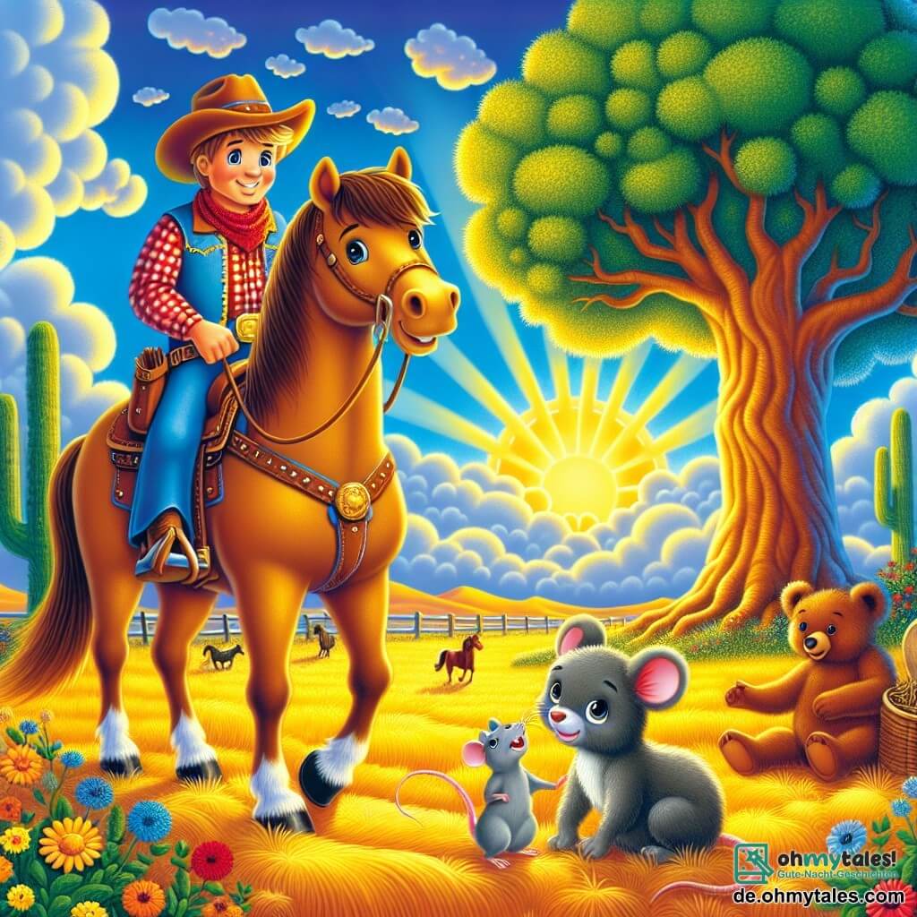 Illustration eines weiten Landschaftsbildes mit goldenen Wiesen unter einem strahlend blauen Himmel, der mit einigen flauschigen weißen Wolken gesprenkelt ist. Im Zentrum der Szene steht ein Mann mit einem großen Cowboyhut, einer karierten roten Hemd und Jeans, der auf einem wunderschönen braunen Pferd sitzt, das im Sonnenlicht glänzt. Der Mann hat ein warmes Lächeln und hält die Zügel mit Zuversicht, während er zu einer kleinen Gruppe von Tieren schaut. Neben ihm steht eine kleine graue Maus mit großen neugierigen Augen auf dem Boden und hebt besorgt den Kopf. Im Hintergrund ist ein majestätischer großer Baum zu sehen, dessen Äste sich weit ausbreiten, während ein freundlicher brauner Bär in der Nähe steht und die Szene traurig beobachtet. Die Hauptsituation zeigt den Mann und die Maus, die darüber diskutieren, wie sie den Baum an seinen Platz zurückbringen können, während der Bär bereit zu helfen scheint. Bunte Blumen und Kakteen verleihen dieser fröhlichen und freundlichen Szene farbliche Akzente.