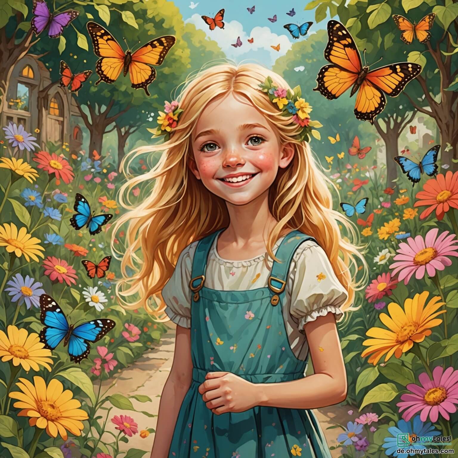 Une illustration destinée aux enfants représentant une douce jeune fille aux cheveux dorés, vêtue de haillons usés et d'un sourire lumineux, se tenant au milieu d'un jardin enchanteur rempli de fleurs colorées et de papillons virevoltants, tandis qu'elle rêve d'échapper à la dureté de sa vie quotidienne auprès de sa cruelle belle-mère aux traits sévères et de ses deux stériles demi-sœurs aux rires moqueurs, le tout dans un village pittoresque où les maisons aux façades pastel s'alignent le long de ruelles pavées, sous un ciel azur parsemé de nuages cotonneux, où l'espoir d'un bal scintillant au château royal, illuminé par des lanternes dorées, semble flotter dans l'air comme une promesse de magie et de transformation.