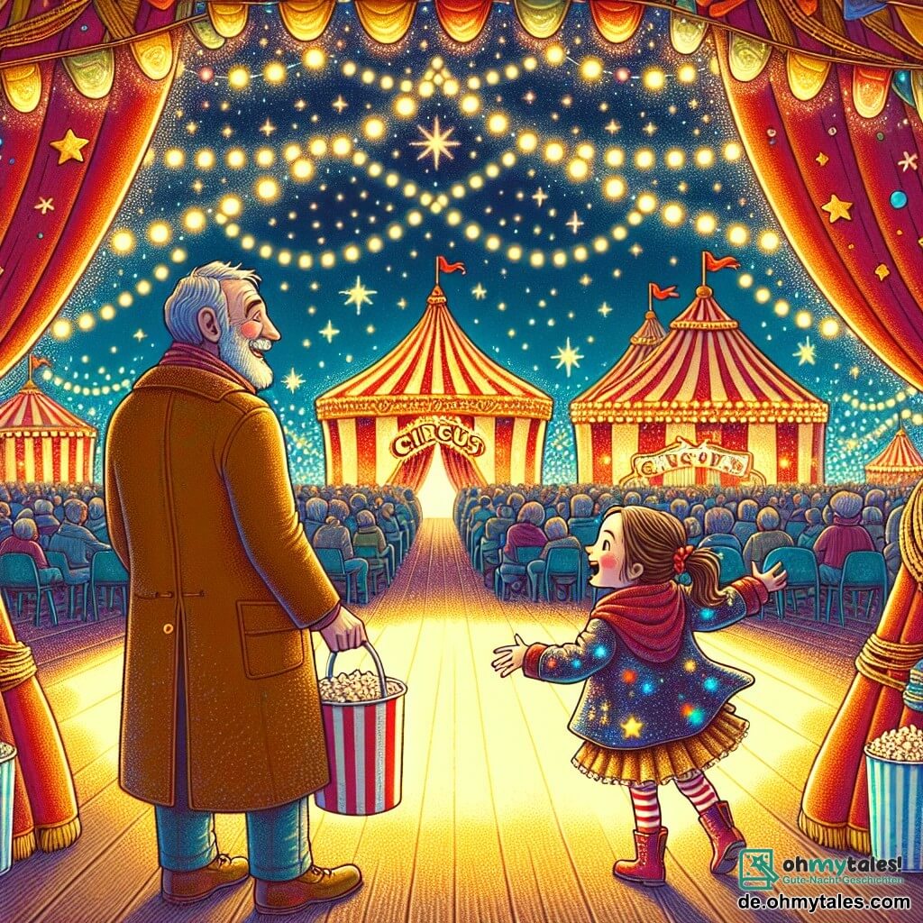 Une illustration destinée aux enfants représentant une petite fille enthousiaste découvrant un cirque magique, accompagnée de son père bienveillant, dans un vaste chapiteau coloré illuminé de lumières scintillantes et empli du parfum envoûtant de popcorn et de sucreries.
