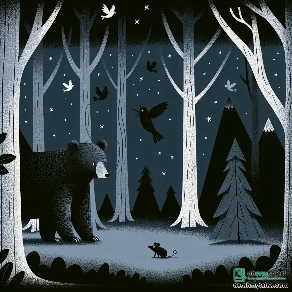Une illustration destinée aux enfants représentant un imposant ours solitaire, une petite souris effrayée, dans un sombre et mystérieux bois aux arbres touffus et aux chants d'oiseaux joyeux.