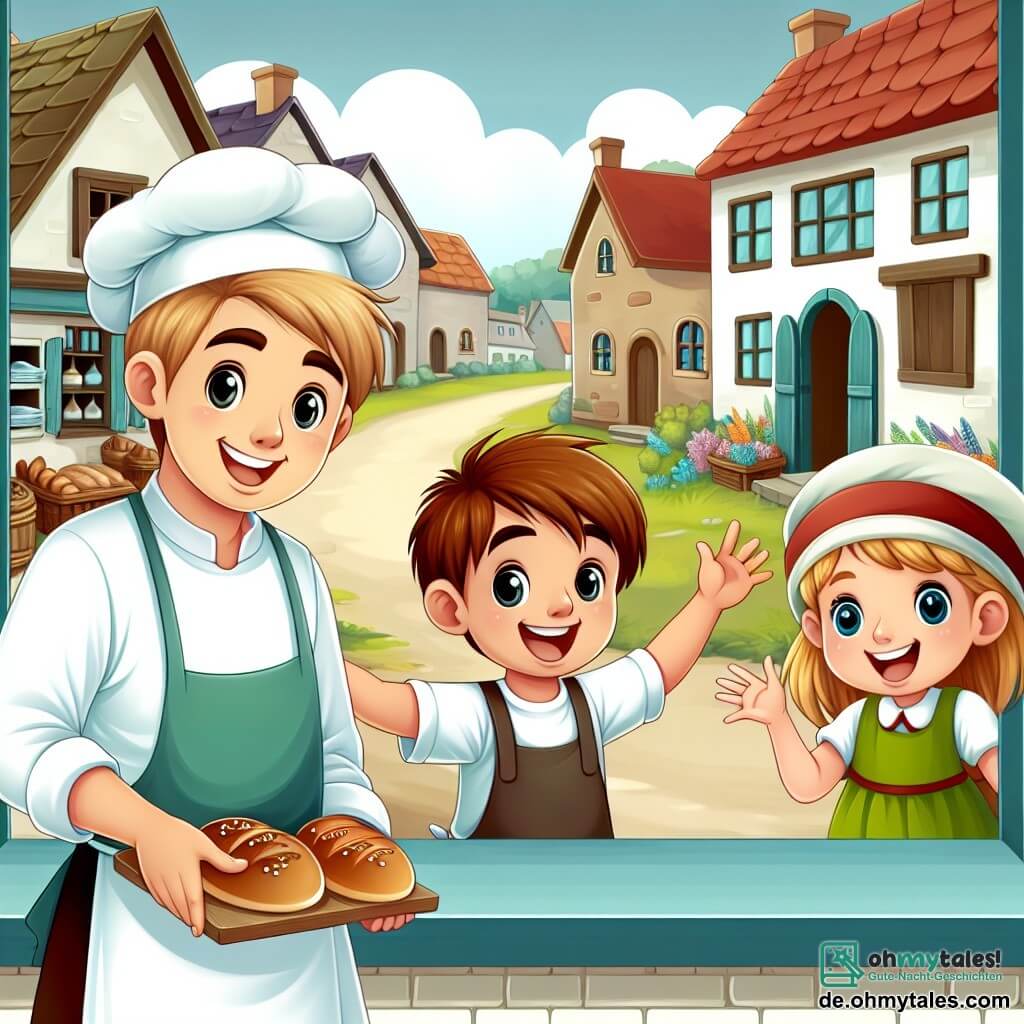 Une illustration destinée aux enfants représentant un joyeux boulanger, un petit garçon curieux, une petite fille enthousiaste et une charmante boulangerie pittoresque située dans un village paisible.