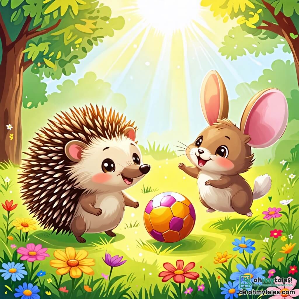 Une illustration sous forme de dessin destinée aux enfants représentant une clairière ensoleillée, remplie de fleurs colorées et d'herbe verte, où un hérisson aux piquants brillants et au sourire joyeux roule un grand ballon, tandis qu'une petite souris aux yeux pétillants et au pelage doux saute de joie à côté de lui, et un lapin aux grandes oreilles blanches s'apprête à donner un coup de pied au ballon, le tout dans une ambiance ludique et joyeuse, avec des rayons de soleil filtrant à travers les arbres.