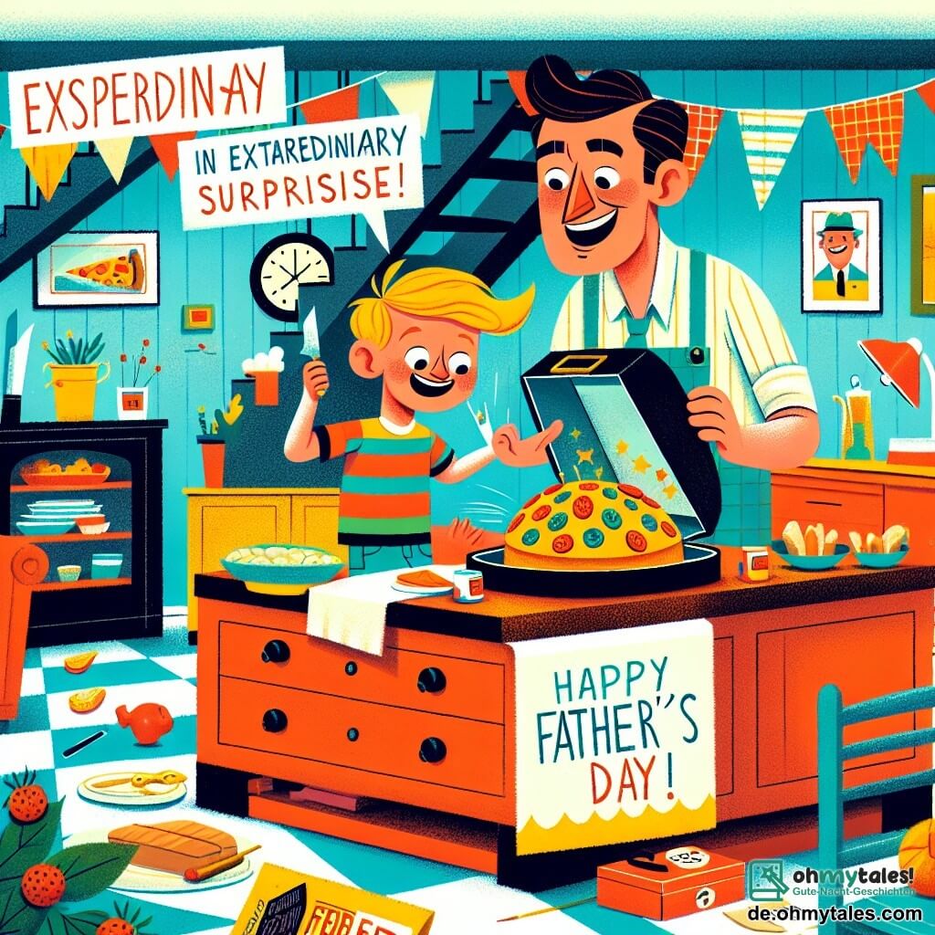 Une illustration destinée aux enfants représentant un garçon plein d'enthousiasme et de malice, préparant une surprise extraordinaire pour son papa, avec l'aide complice de sa maman, dans un joyeux et coloré sous-sol transformé en véritable festin de la fête des pères.